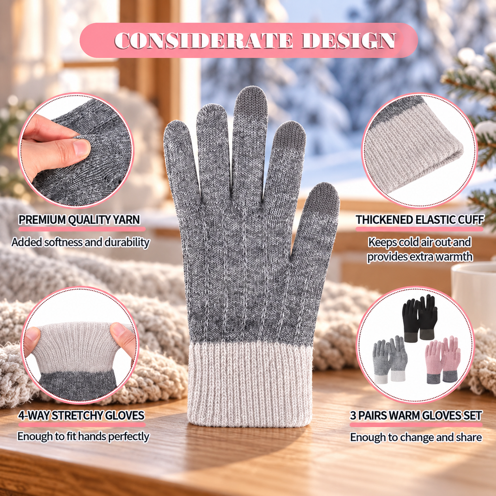 Women's Touchscreen Gloves – 3 Pairs